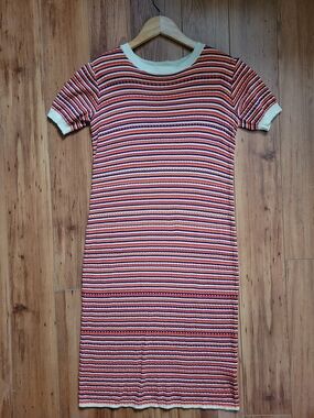 Striped Knit Midi Dress in Red, Purple & Cream